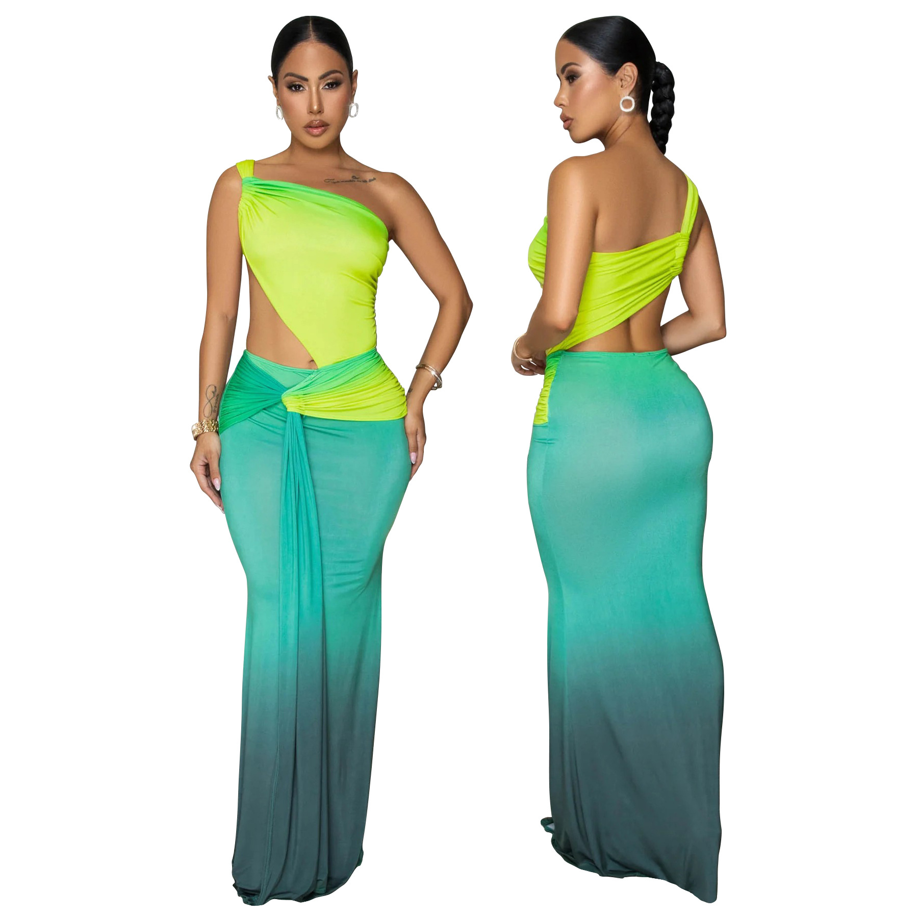 Summer Women's Sexy One-Shoulder Open Waist Gradient Long Dress