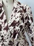 Women Fall Career Brown Printed Long-Sleeved Blazer Coat