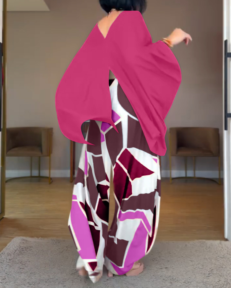 Women off-the-shoulder bat sleeves top and colorblock wide-leg pants two-piece set