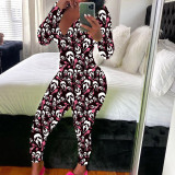 Women's Sexy Fashion Pattern Print Deep V-Neck Long Sleeve Tight Slim Jumpsuit