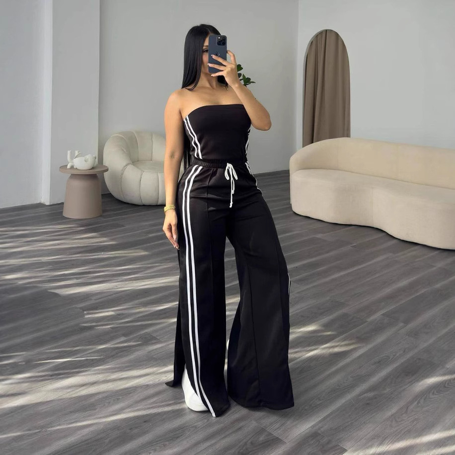 Fashion Women Strapless Tops Loose Pants Casual Two-piece Set