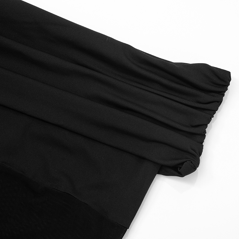 Fold-Over Off-Shoulder Patchwork Mesh See-Through Jumpsuit