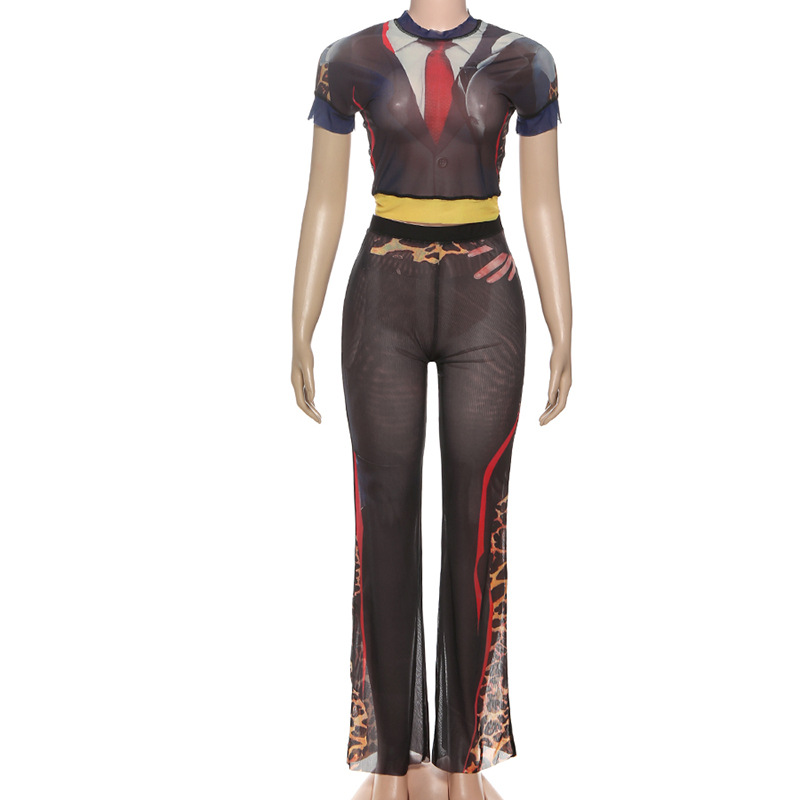 Women Fall Print Round Neck Short-Sleeved Top and Pants Two-Piece Set