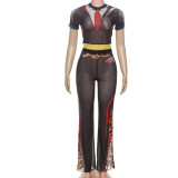Women Fall Print Round Neck Short-Sleeved Top and Pants Two-Piece Set