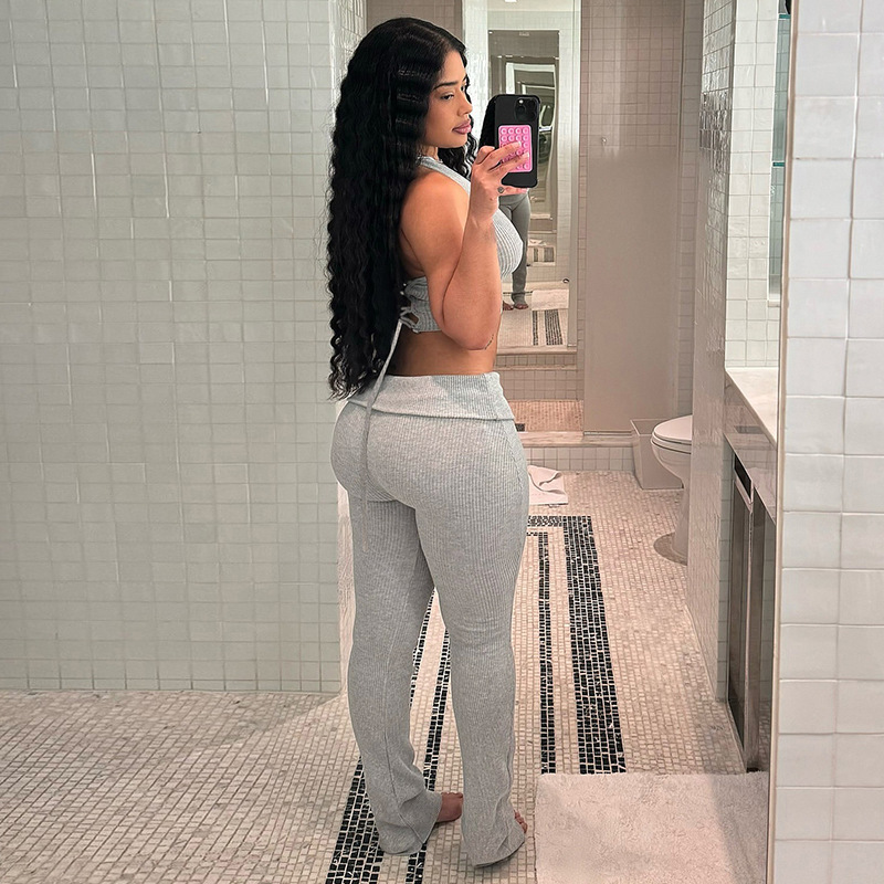 Women sexy ribbed halter neck Drawstring vest with fold-over pants two-piece set
