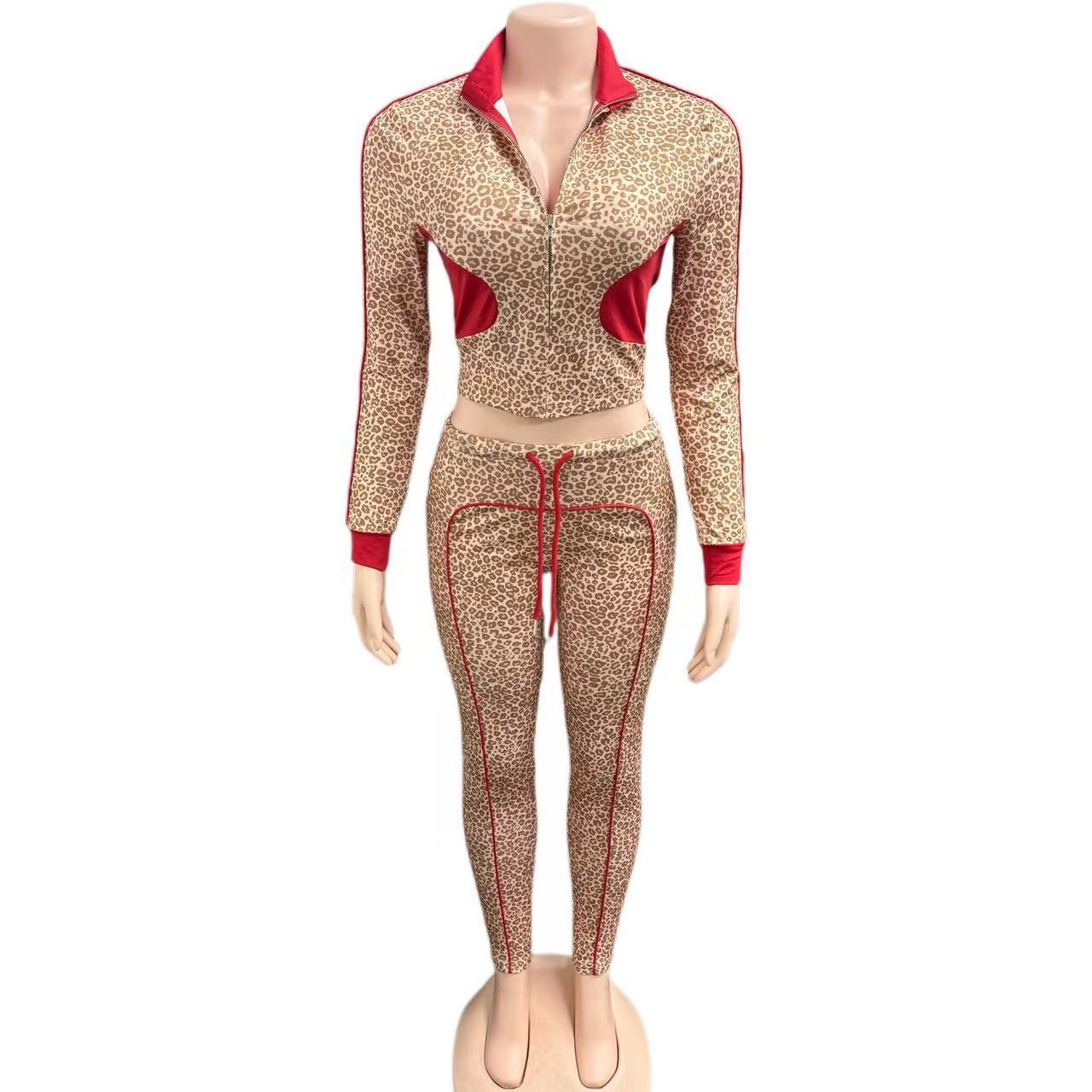Women Leopard Print Contrast Long-Sleeved Zippered Top and Drawstring Pants Two-Piece Set