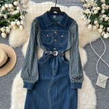 Women's Long Sleeve Striped Patchwork Turndown Collar Metal Button Slim Waist Slim-Fit Slit Denim Dress