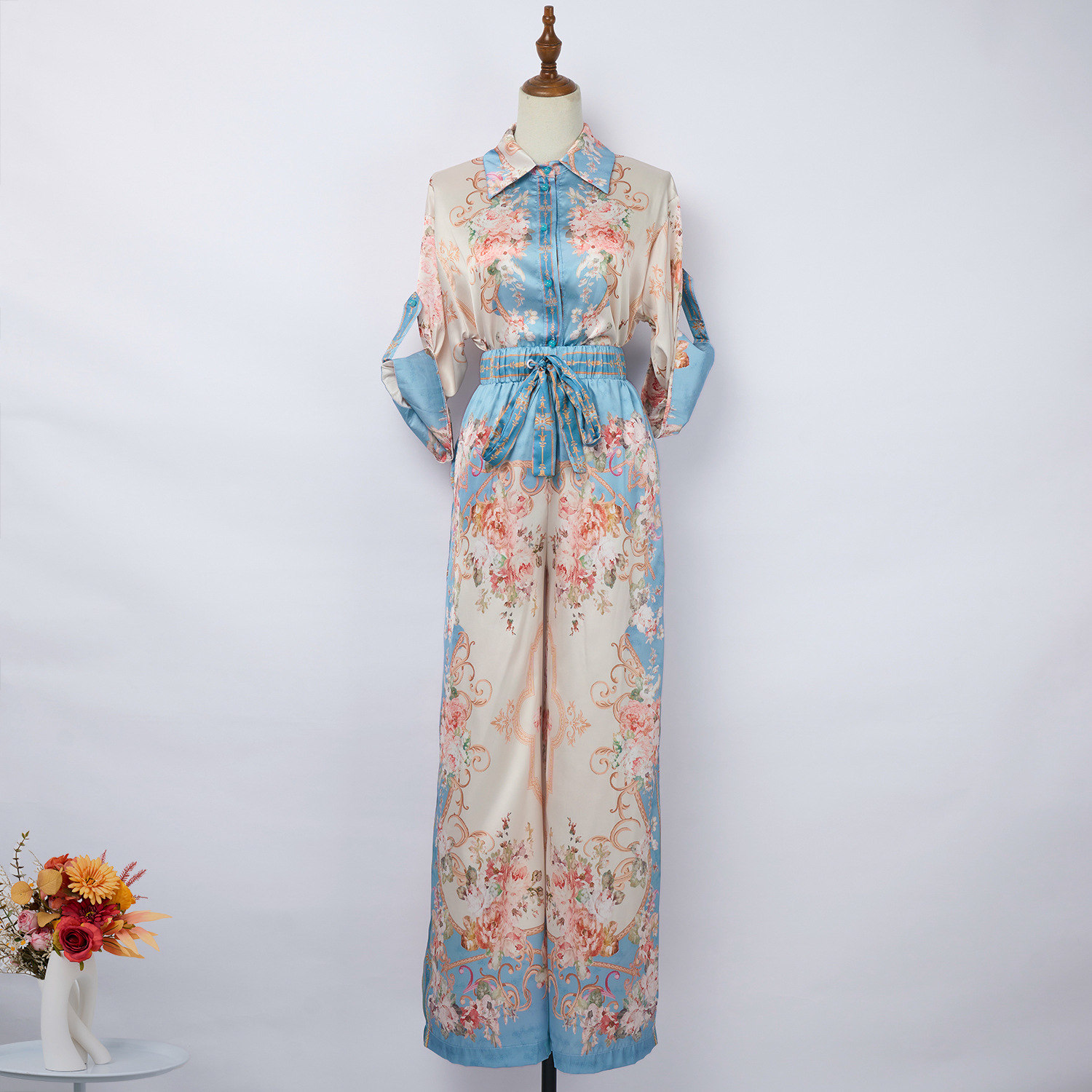 Spring & Summer Print Loose Satin Shirt High-Waisted Elastic Waist Wide-Leg Pants Two-Piece Set