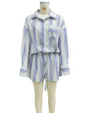 Women's Autumn Long Sleeve Shirt & Striped Shorts Casual Two-Piece Set
