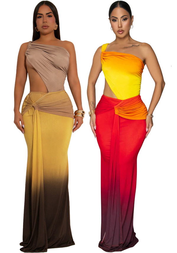 Summer Women's Sexy One-Shoulder Open Waist Gradient Long Dress