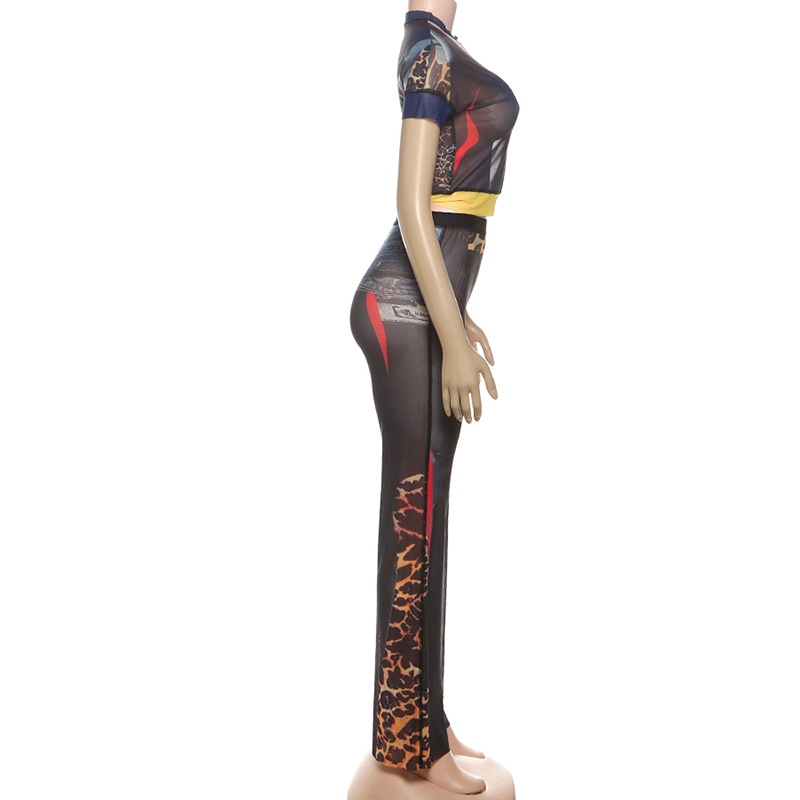 Women Fall Print Round Neck Short-Sleeved Top and Pants Two-Piece Set