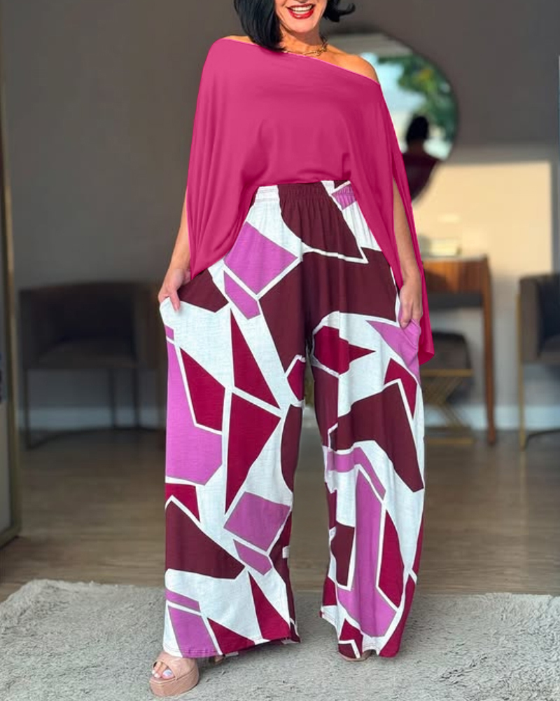 Women off-the-shoulder bat sleeves top and colorblock wide-leg pants two-piece set