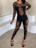 Sexy Fashion Mesh See-Through Long Sleeve Round Neck Lace Jumpsuit