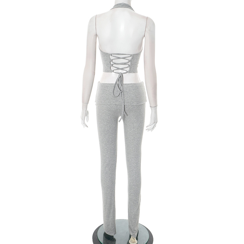 Women sexy ribbed halter neck Drawstring vest with fold-over pants two-piece set