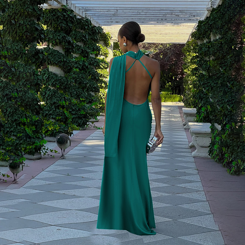 Sexy Slim-Fit Satin Low Back Chic Long Dress With Sash For Holidays