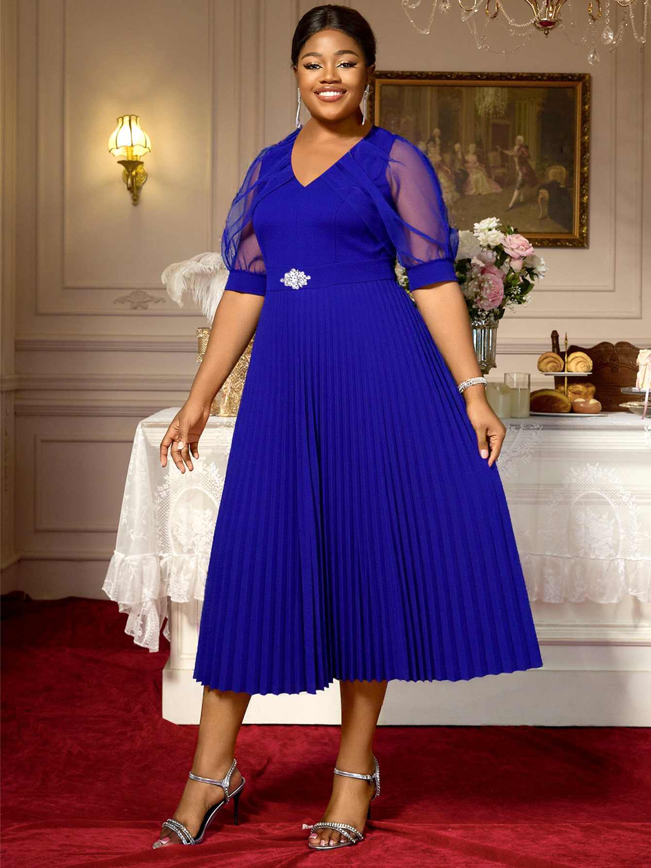 Plus Size Women's V-Neck Career Pleated Dress Formal Church Short Mesh Sleeve A-Line Party Dress