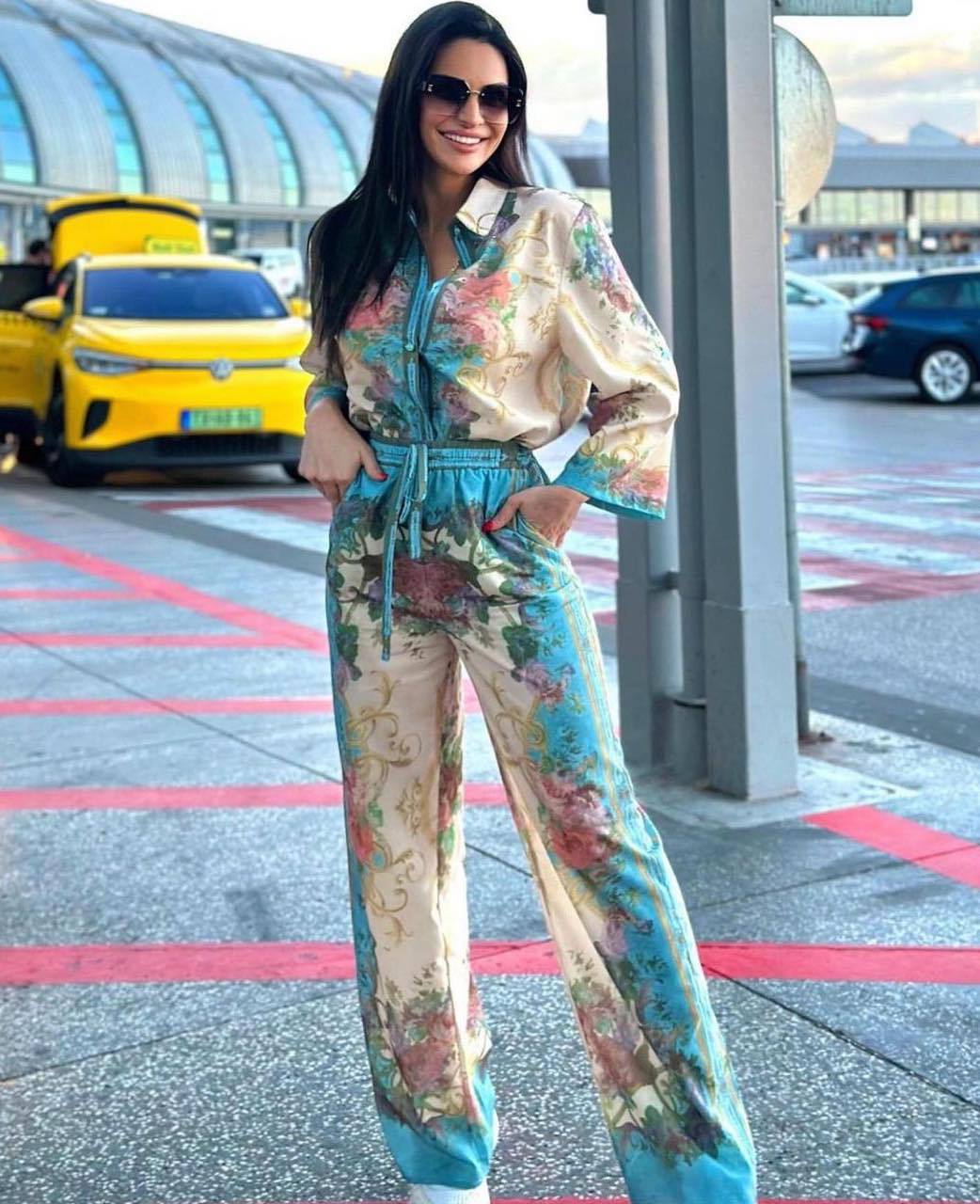Spring & Summer Print Loose Satin Shirt High-Waisted Elastic Waist Wide-Leg Pants Two-Piece Set