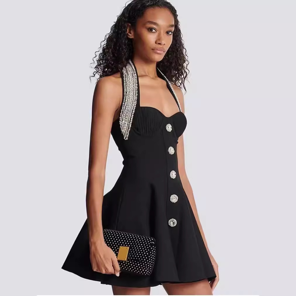 Women Sexy Halter Neck Evening Dress with Diamond Bandage