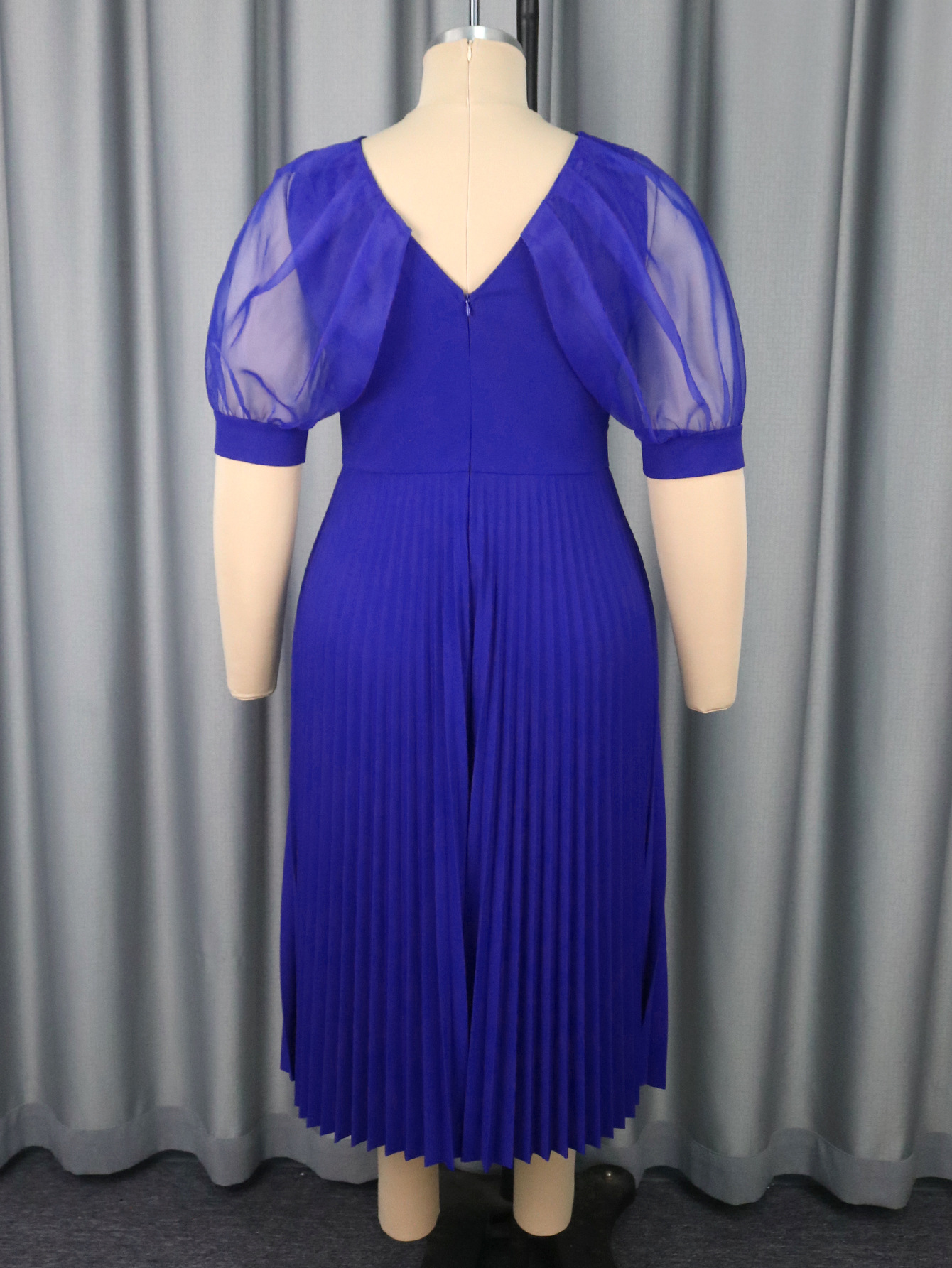Plus Size Women's V-Neck Career Pleated Dress Formal Church Short Mesh Sleeve A-Line Party Dress