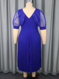 Plus Size Women's V-Neck Career Pleated Dress Formal Church Short Mesh Sleeve A-Line Party Dress