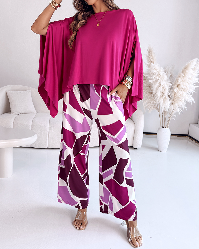 Women off-the-shoulder bat sleeves top and colorblock wide-leg pants two-piece set