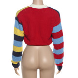 Women Casual Multi-Color Letter Sweater Stripe Contrast Button Long-Sleeved Cropped Jacket
