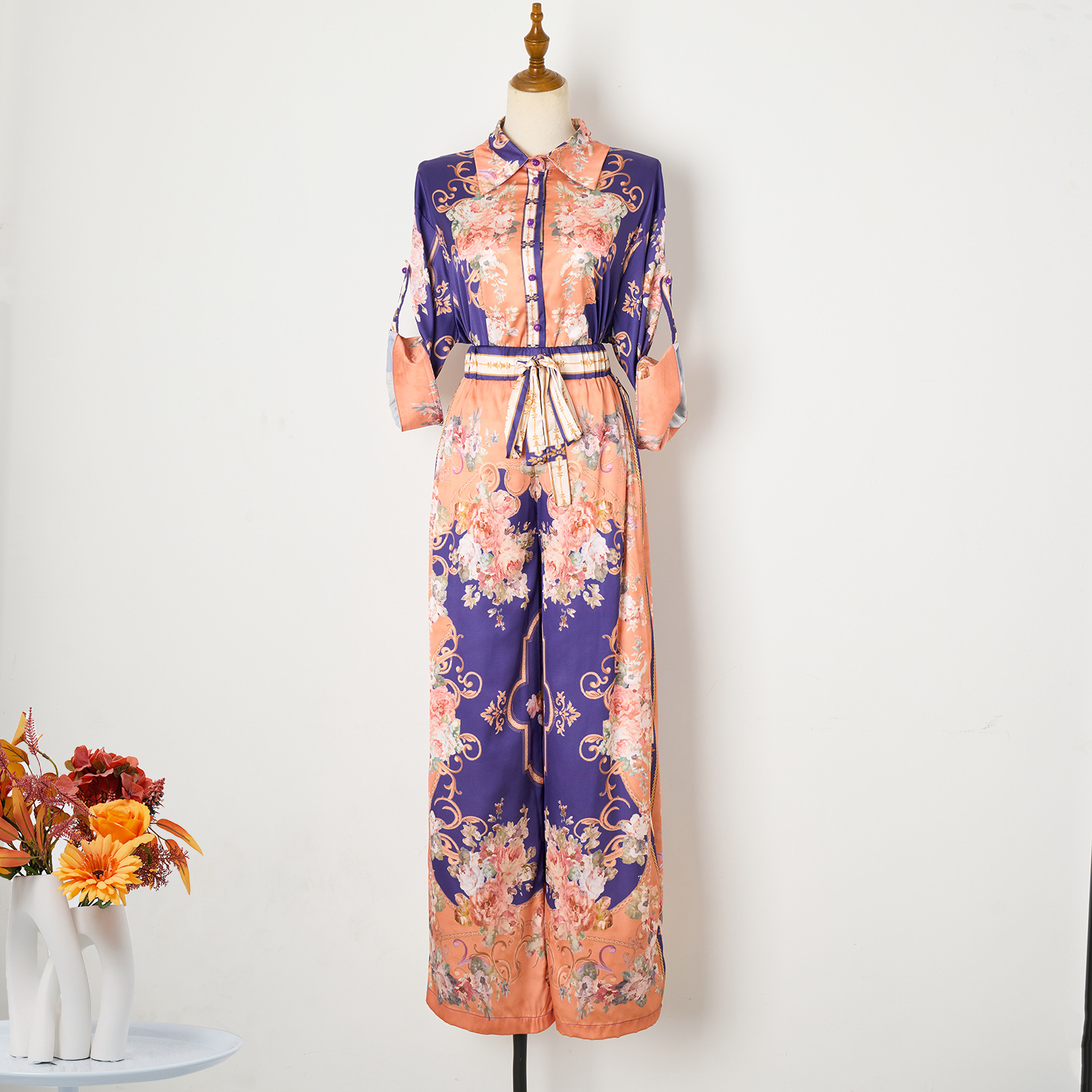 Spring & Summer Print Loose Satin Shirt High-Waisted Elastic Waist Wide-Leg Pants Two-Piece Set