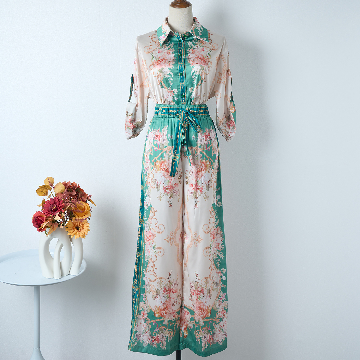 Spring & Summer Print Loose Satin Shirt High-Waisted Elastic Waist Wide-Leg Pants Two-Piece Set