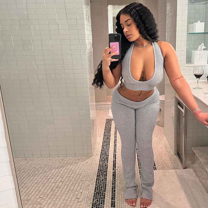 Women sexy ribbed halter neck Drawstring vest with fold-over pants two-piece set