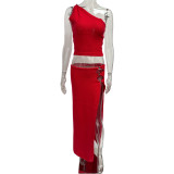 Women's Spring & Summer Sexy Slash Shoulder Top & Slit Skirt Solid Color Knitted Two-Piece Set For Holidays