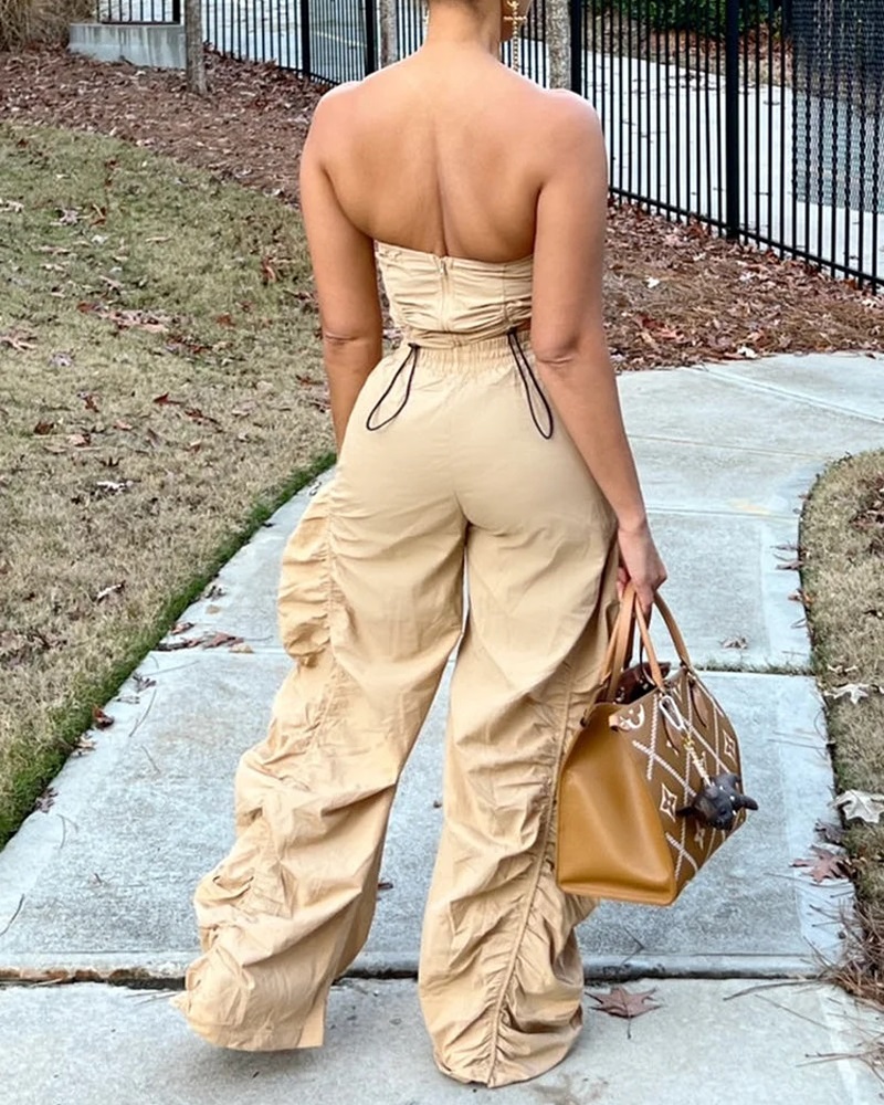 Women solid drawstring pleated top and pants two-piece set