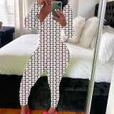 Women's Sexy Fashion Pattern Print Deep V-Neck Long Sleeve Tight Slim Jumpsuit