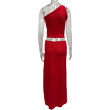 Women's Spring & Summer Sexy Slash Shoulder Top & Slit Skirt Solid Color Knitted Two-Piece Set For Holidays