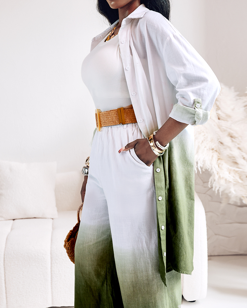 Women gradient printed long-sleeved shirt and wide-leg pants two-piece set - beltless