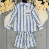 Women's Autumn Long Sleeve Shirt & Striped Shorts Casual Two-Piece Set