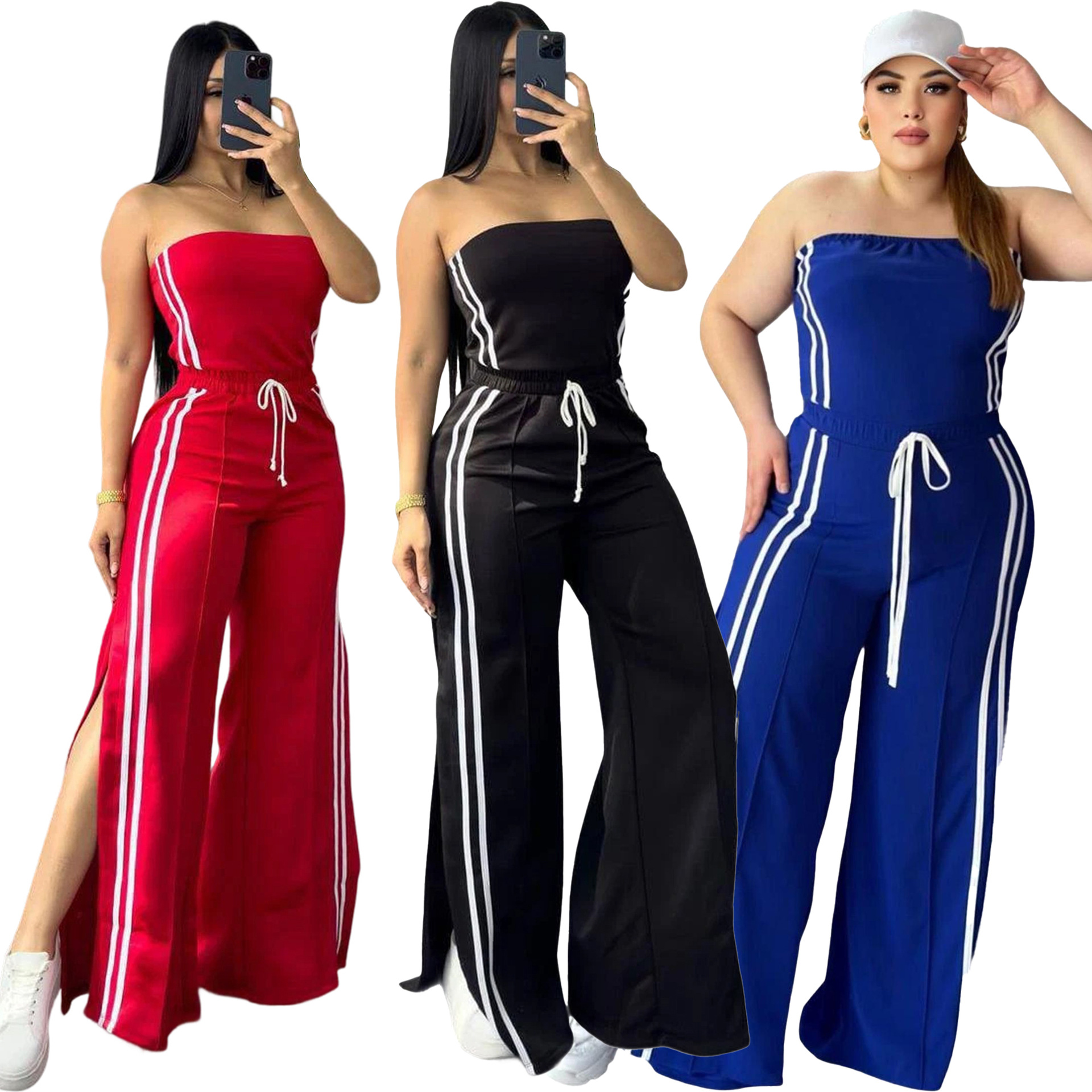 Fashion Women Strapless Tops Loose Pants Casual Two-piece Set