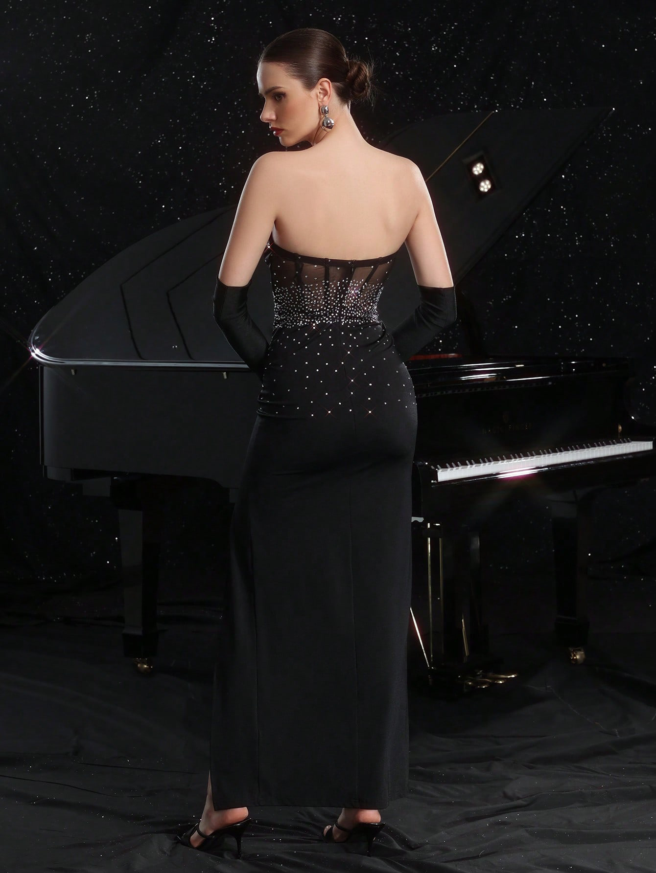 Sleeveless Beaded Evening Gown Sexy Low Back Elegant Slit Strapless Dress