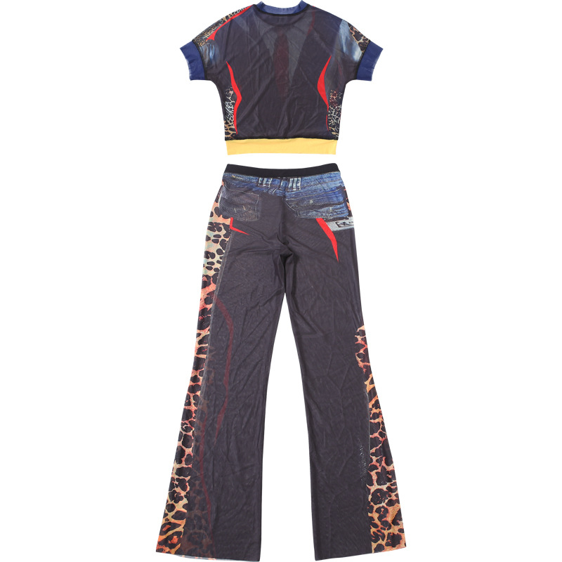 Women Fall Print Round Neck Short-Sleeved Top and Pants Two-Piece Set