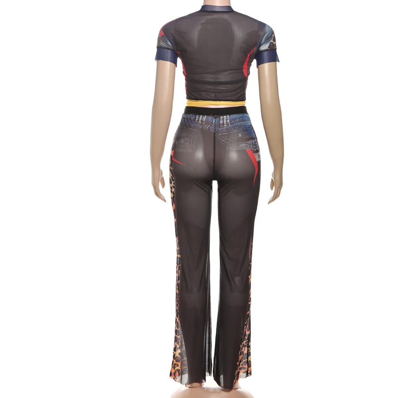 Women Fall Print Round Neck Short-Sleeved Top and Pants Two-Piece Set