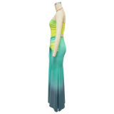 Summer Women's Sexy One-Shoulder Open Waist Gradient Long Dress