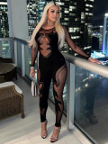 Sexy Fashion Mesh See-Through Long Sleeve Round Neck Lace Jumpsuit