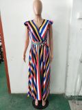 Women's Ruffled Sleeve Rainbow Striped Print Dress