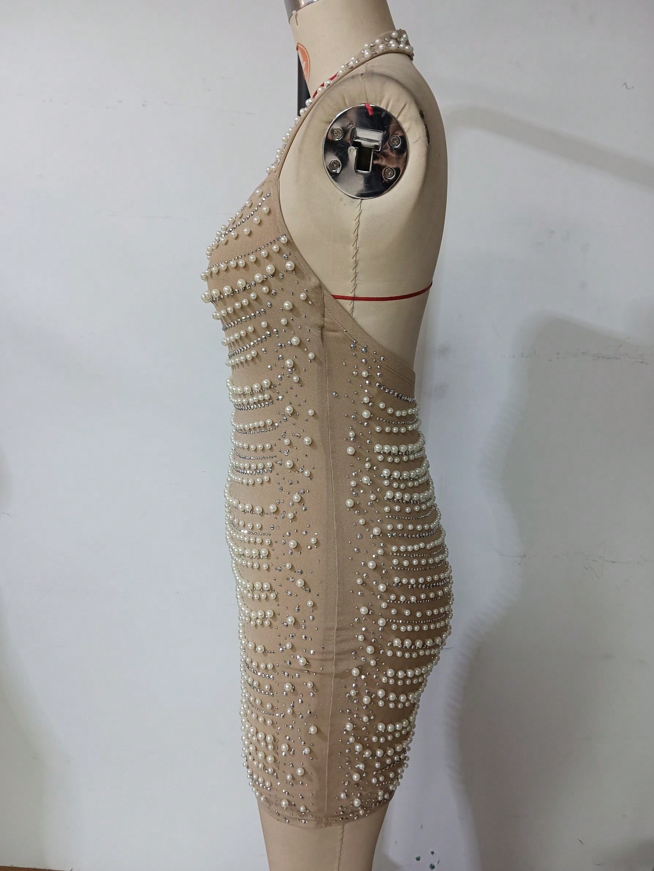 Women's Sexy Mesh Pearl Halter Neck Low Back Bodycon Dress Formal Party Gown