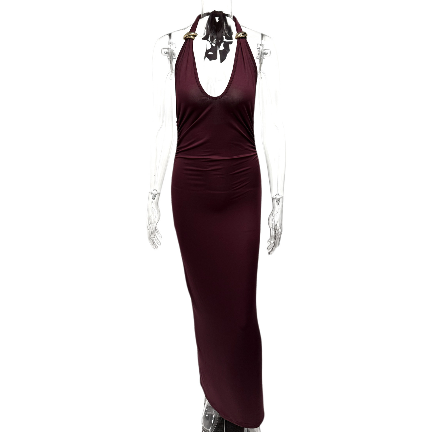 Women's Summer Solid Color Sexy Slit U-Neck Metal Ring Low Back Long Dress