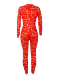 Women's Sexy Fashion Pattern Print Deep V-Neck Long Sleeve Tight Slim Jumpsuit