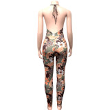 Women's Summer Sexy Deep Low Back Halter Neck Fashion Print Slim Fit Jumpsuit