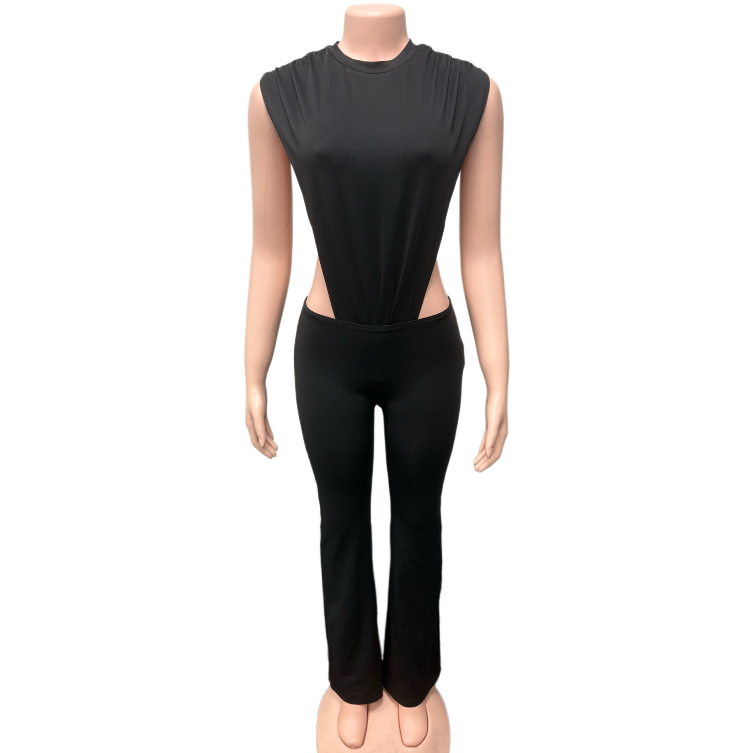Women's Round Neck Sleeveless Side Cut-Out Black Bodysuit Top & Tight Fitting Pants Two-Piece Set