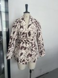 Women Fall Career Brown Printed Long-Sleeved Blazer Coat
