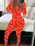 Women's Sexy Fashion Pattern Print Deep V-Neck Long Sleeve Tight Slim Jumpsuit