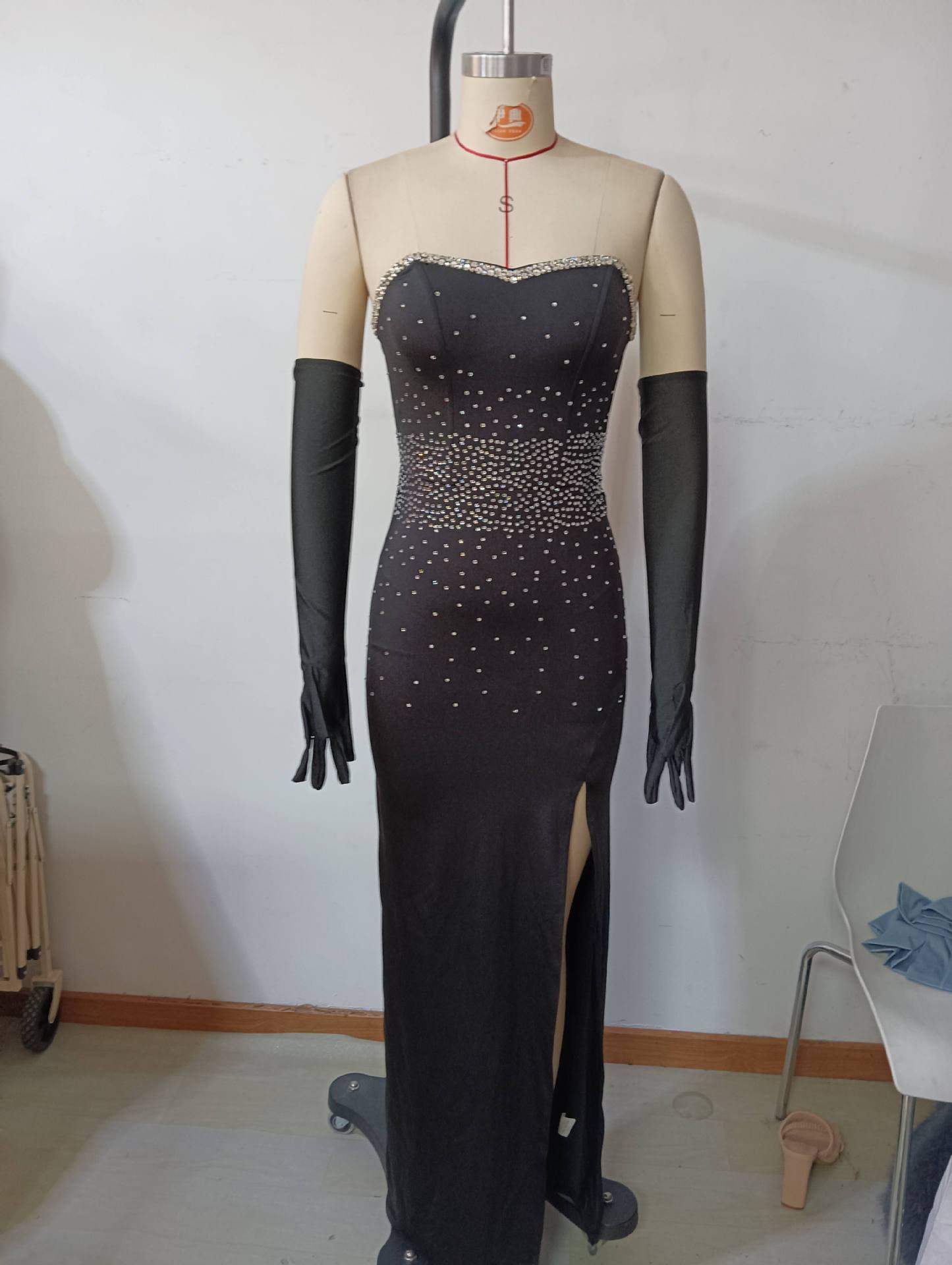 Sleeveless Beaded Evening Gown Sexy Low Back Elegant Slit Strapless Dress